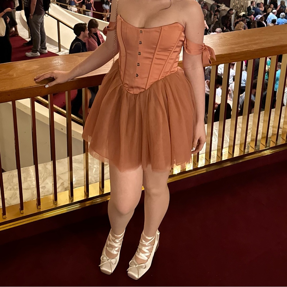 Oh Polly Off Shoulder Tulle Skirt Mini Dress in Terracotta.